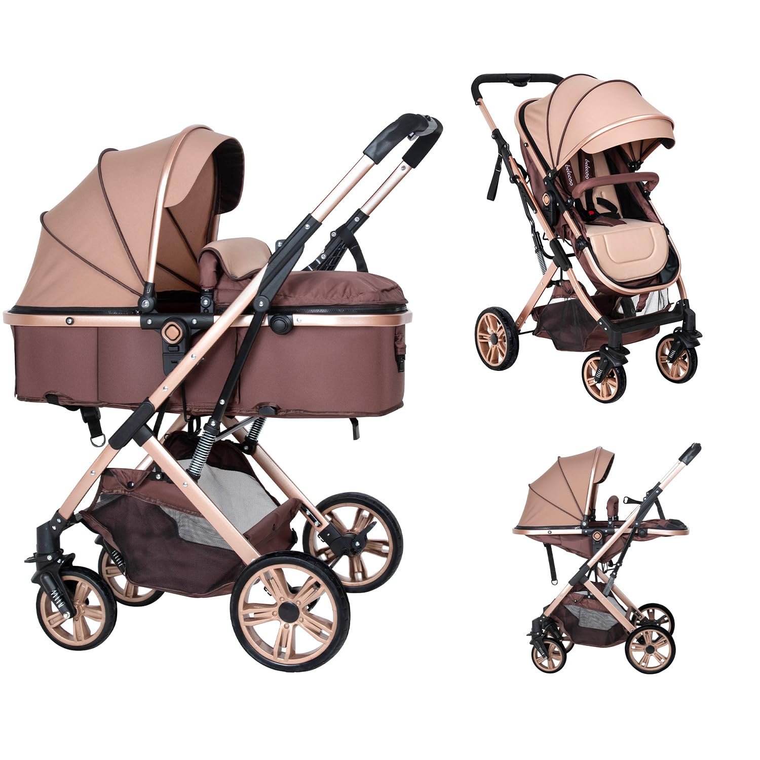 2 in 1 Convertible Baby Stroller Newborn Reversible Bassinet Pram, Foldable Pushchair with Adjustable Canopy Folding High Landscape Infant Carriage, Anti-Shock Toddler Pushchair