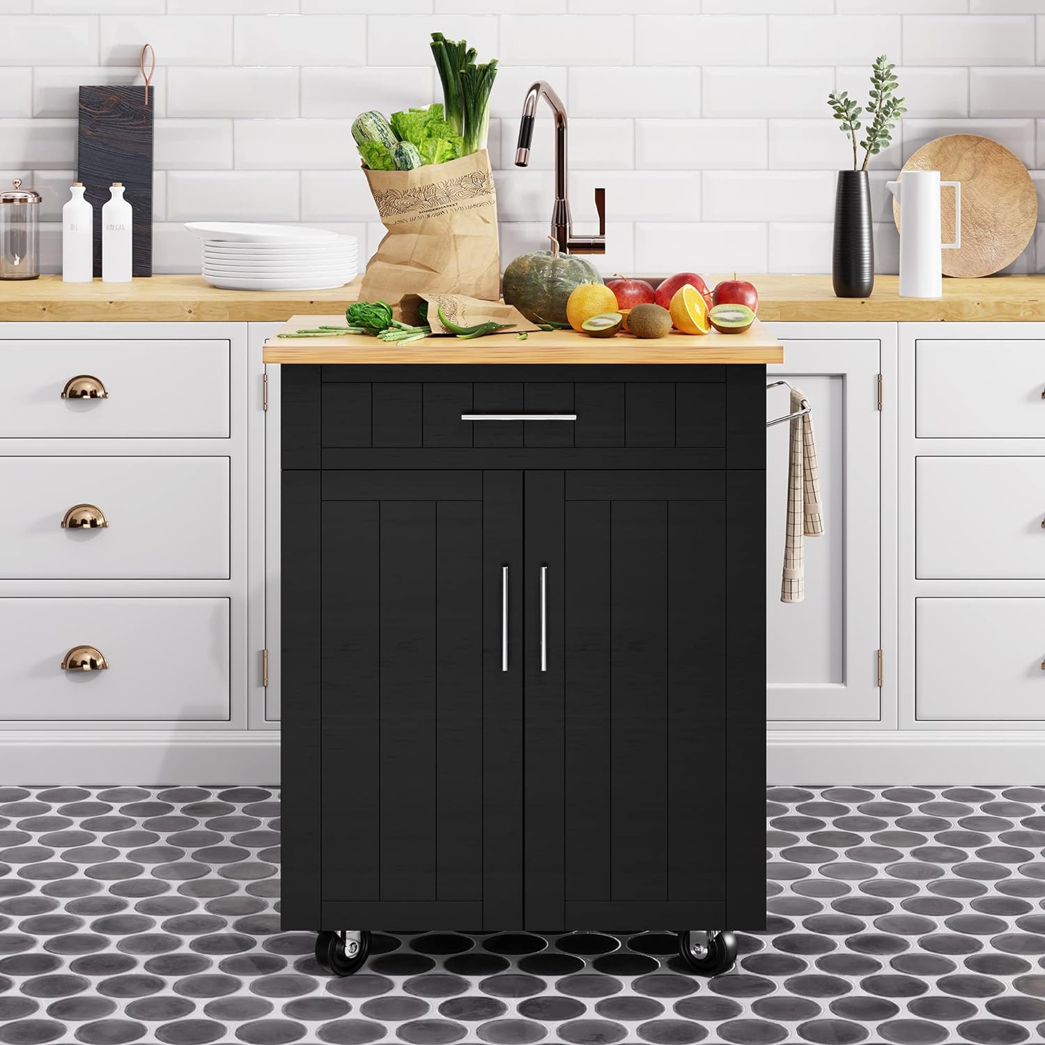 Shintenchi Kitchen Island Cart with Storage,Rolling Kitchen Island Side Table on Wheels with Worktop,Single Door Storage Cabinet and Drawer for Kitchen,Dinning Room, Black