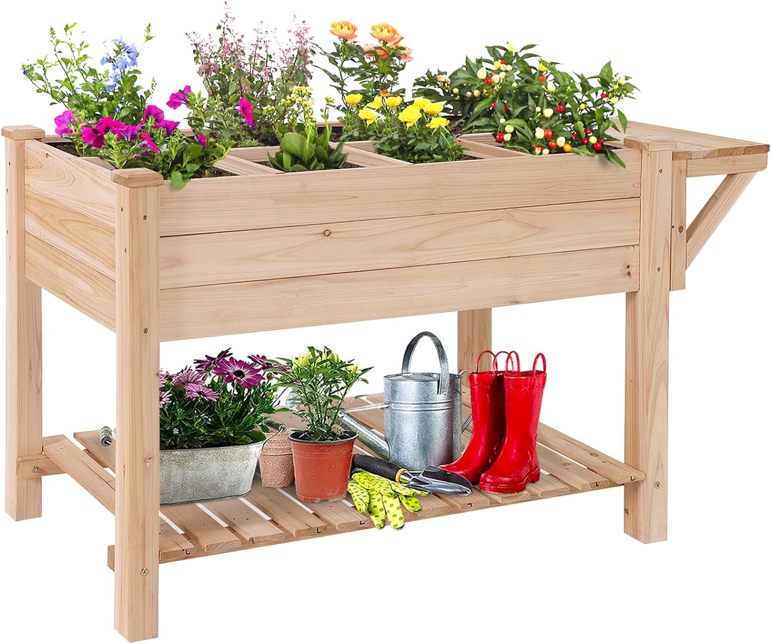 Aivituvin Raised Garden Bed, Elevated Plant Boxes Outdoor Large with Grow Grid - with Large Storage Shelf -Natural