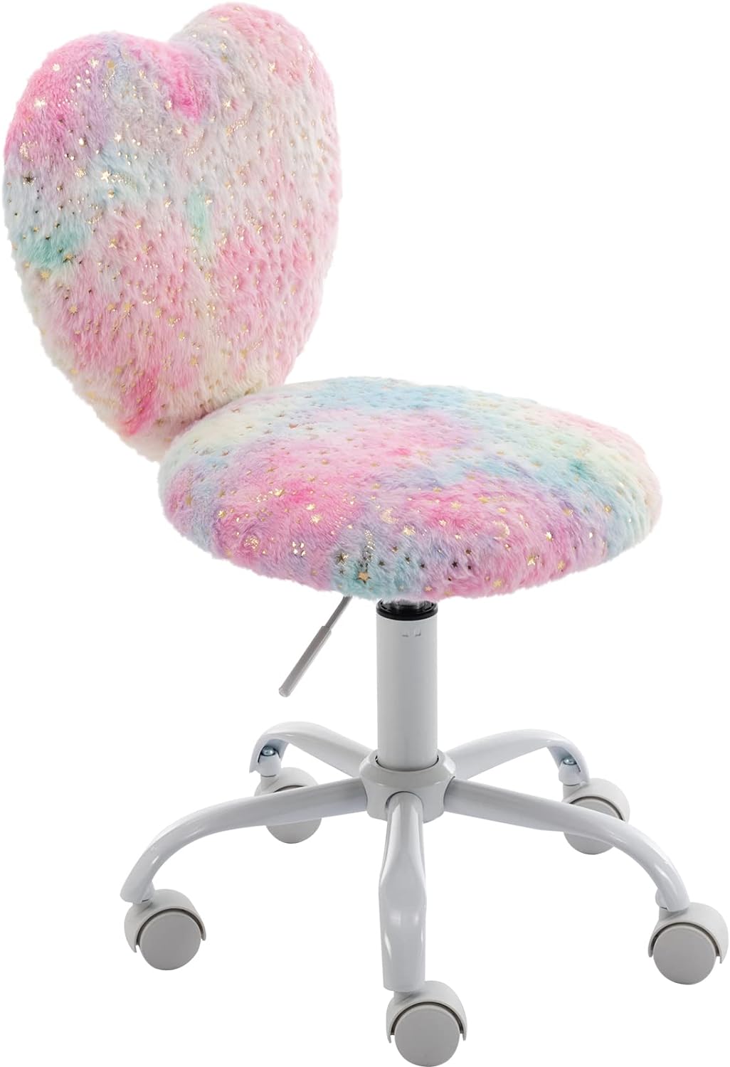 Cute Fuzzy Kids Chair for Teenage Girls Rolling Study Desk Student Chair Furry Computer Task Chair, Adjustable Heart Shaped Reading Vanity Chair for Bedroom, Colorful