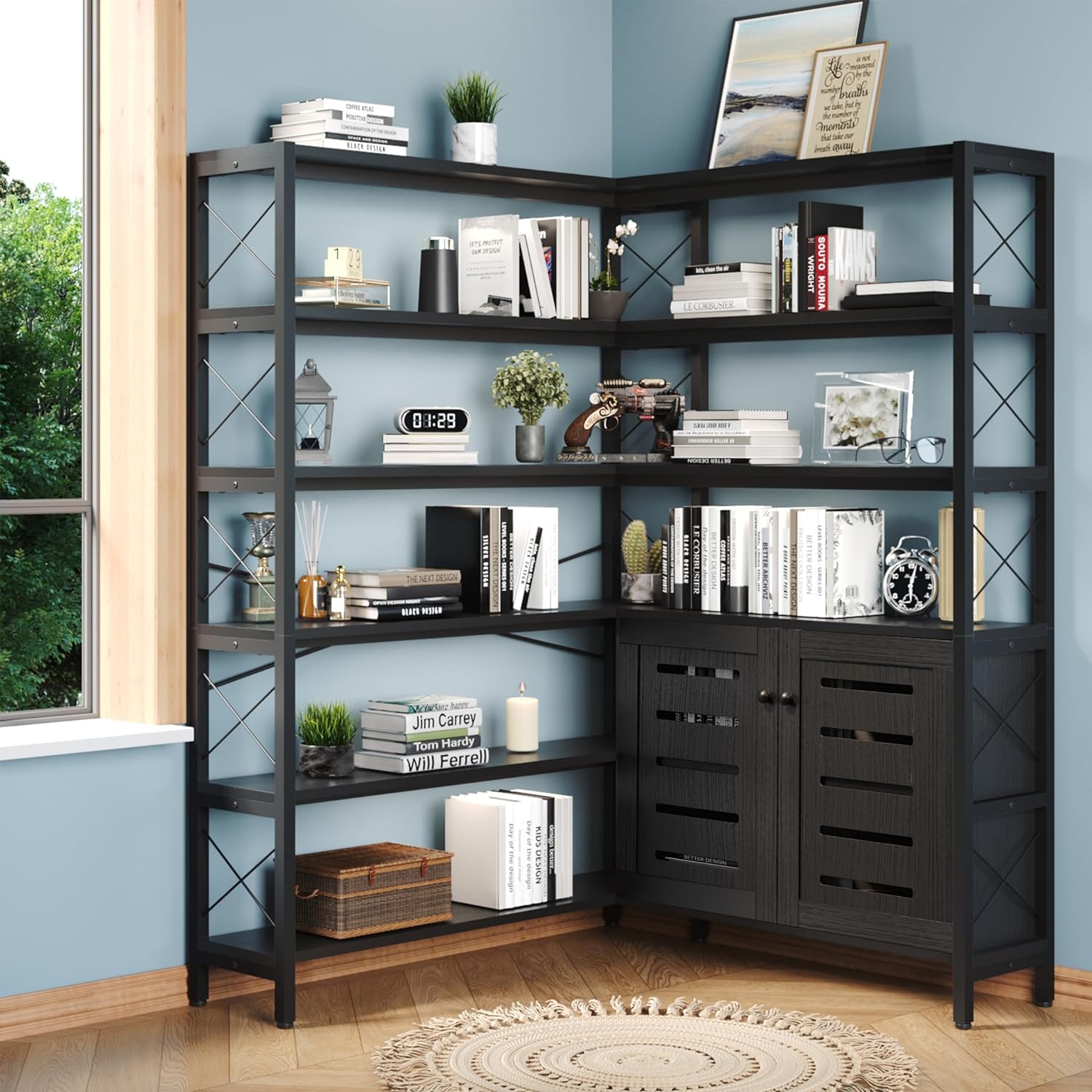 6-Shelf Corner Bookshelf, Vintage Industrial Corner Bookshelf Etagere Bookcase, Large Book Shelf with Metal Frame Open Storage Corner Cabinet (Black-Lockers, Large)