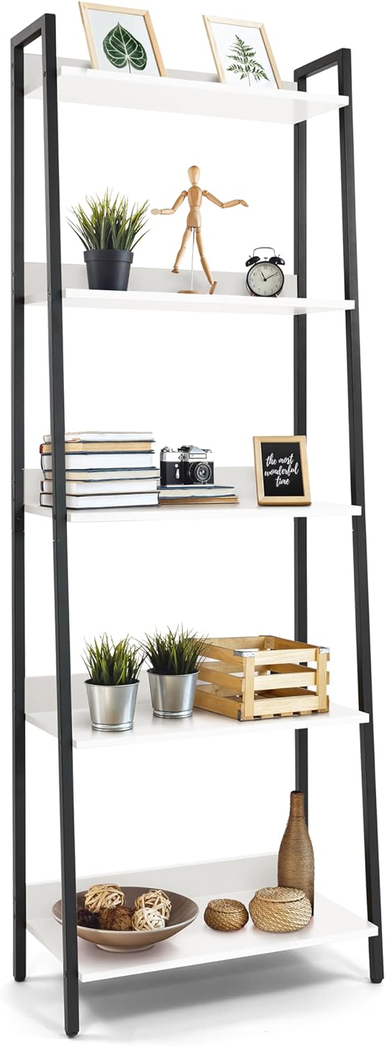 CAPHAUS 5 Tier Ladder Bookshelf, 24 Inch Width Free Standing Shelf, Bookcase Shelf Storage Rack Organizer, Industrial Book Shelves for Home Office, Living Room, Kitchen, White, Vintage Shelves