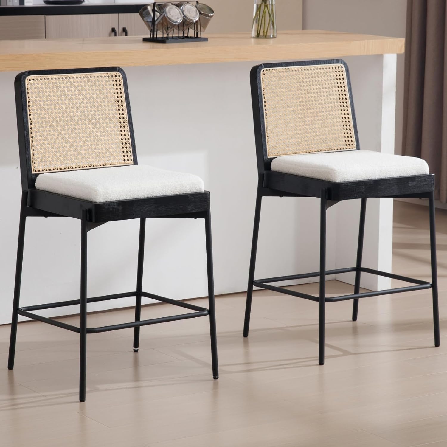 DUOMAY Modern Bar Stools Set of 2, 26 Counter Height Stool with Rattan Back, Sherpa Upholstered Kitchen Island Chair Barstools with Metal Legs for Home Bar Coffee Shop, White