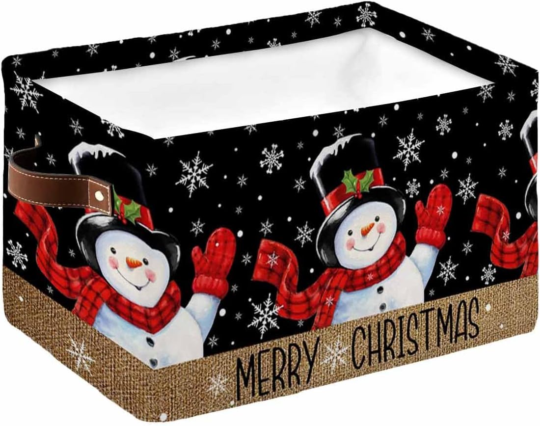 Black Snowman Cube Storage Organizer Bins with Handles,15x11x9.5 Inch Collapsible Canvas Cloth Fabric Storage Basket,Books Kids' Toys Bin Boxes for Shelves,Closet Christmas Snowflake Xmas Berry 1 Pack