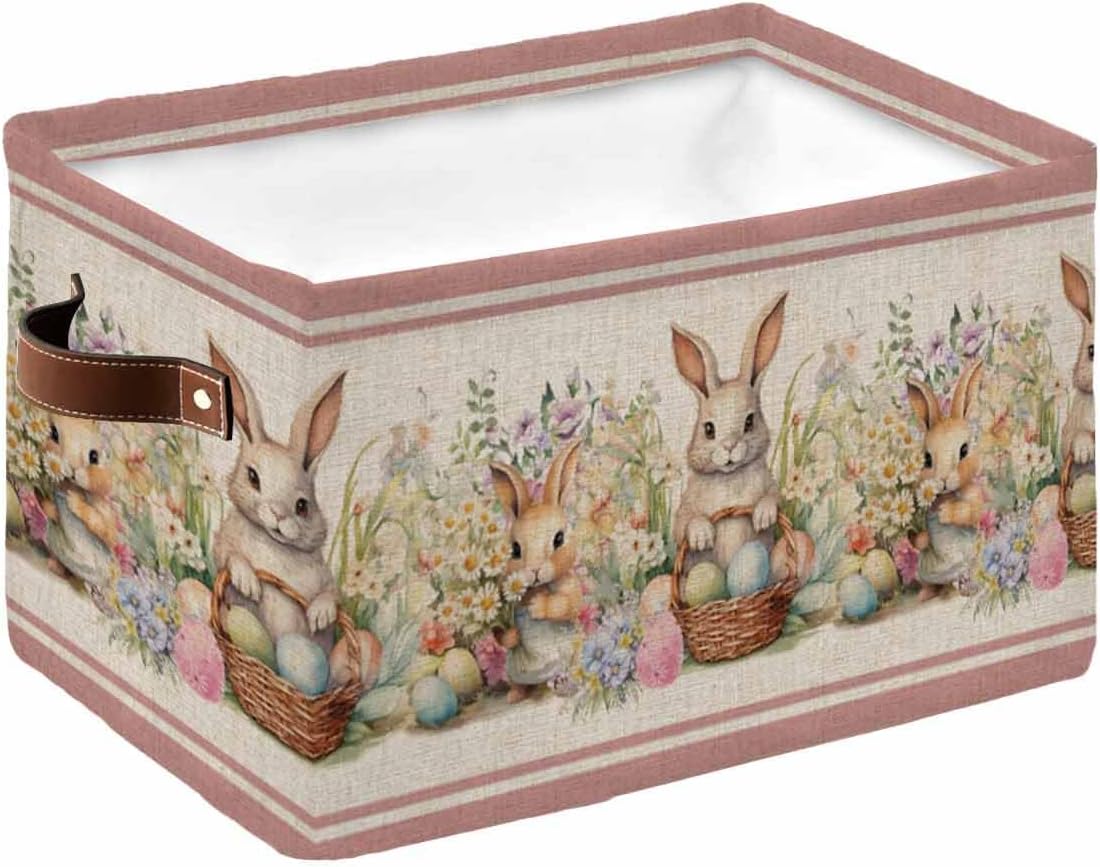 Easter Bunny Pink Cube Storage Organizer Bins with Handles,15x11x9.5 Inch Collapsible Canvas Cloth Fabric Storage Basket,Books Kids' Toys Bin Boxes,Closet Country French Vintage Botanical Eggs 1 Pack