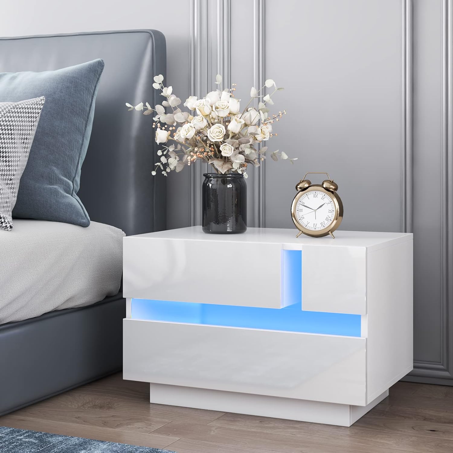 HOMMPA LED Nightstand White Nightstand with 2 High Gloss Drawers Modern 15.7 Tall Low Profile LED Night Stand for Low Beds Wood Matte Bedside Table with Plug in LED Light for Bedroom