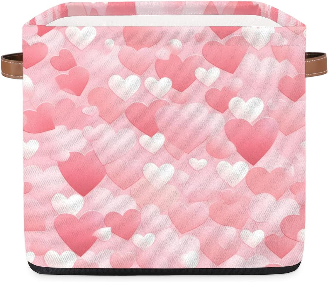 Paper Cut Heart Valentine Storage Basket Collapsible Fabric Storage Box 13x13x13 Inches Square Cube Storage Bins with Handles for Home Living Room Closet Shelf Office Bedroom