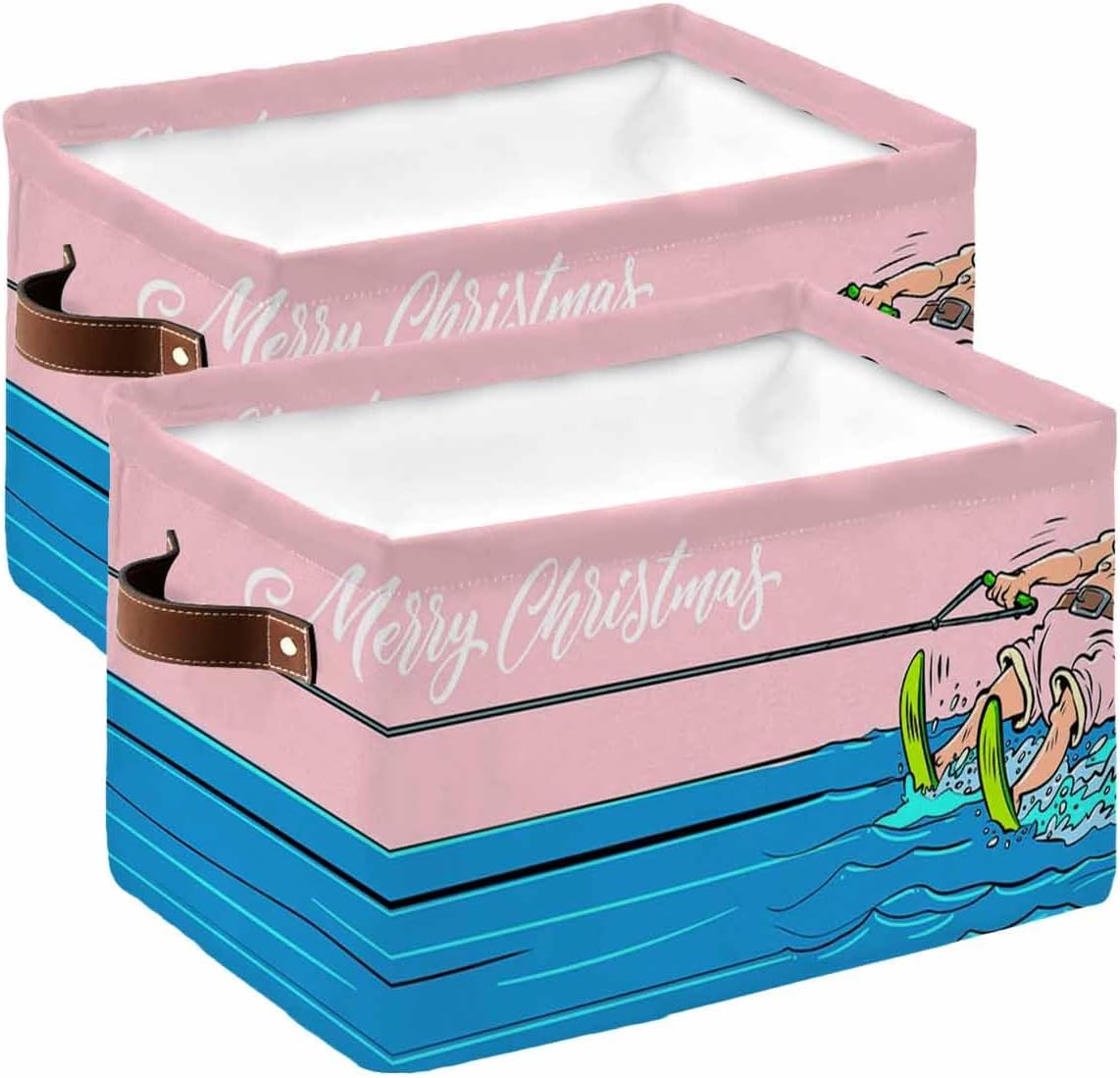 Christmas Nautical Cube Storage Organizer Bins with Handles,15x11x9.5 Inch Collapsible Canvas Cloth Fabric Storage Basket,Books Kids' Toys Bin Boxes,Closet Summer Ocean Santa Surfs Pink 2 Packs