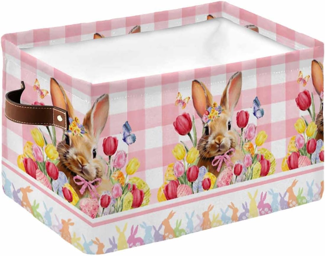 Easter Buffalo Pink Cube Storage Organizer Bins with Handles,15x11x9.5 Inch Collapsible Canvas Cloth Fabric Storage Basket,Books Kids' Toys Bin Boxes,Closet Easter Rabbits Tulip Floral Plaid 1 Pack