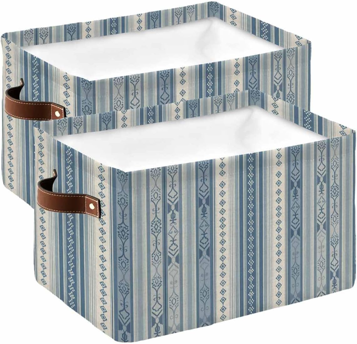 Blue Bohemia Stripes,Boho Vintage Flower Line Art Cube Storage Organizer Bins with Handles,15x11x9.5 Inch Collapsible Canvas Cloth Fabric Storage Basket,Books Kids' Toys Bin Boxes,Closet 2 Packs