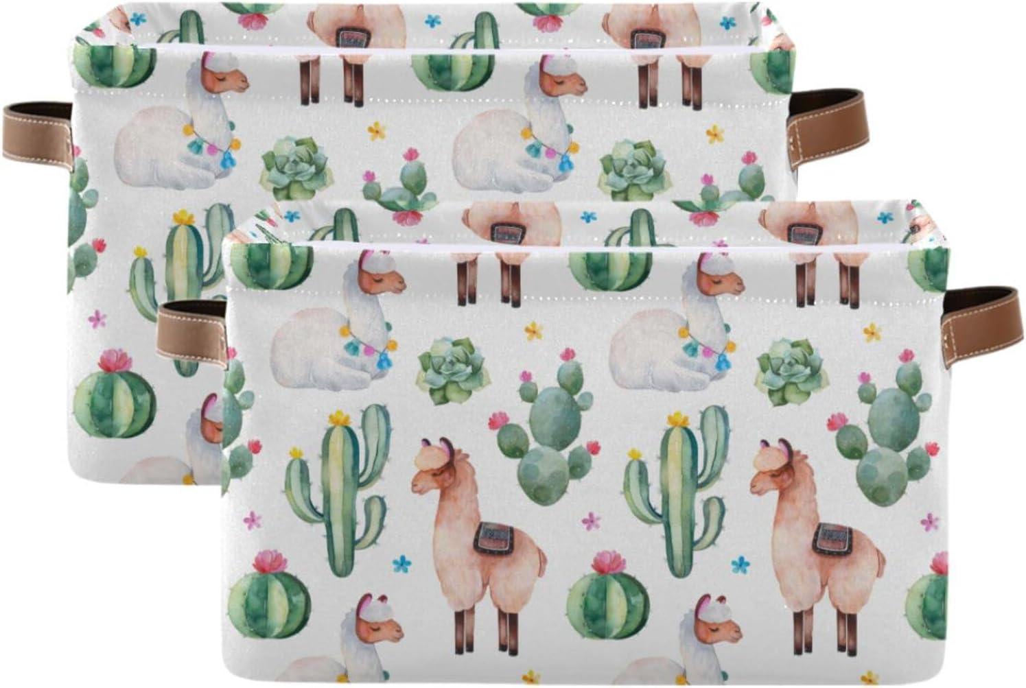 Storage Bin 2PCS Llama Cactus Fabric Storage Baskets for Organizing Closet Shelf Nursery Toy Clothes Organizer with Handles