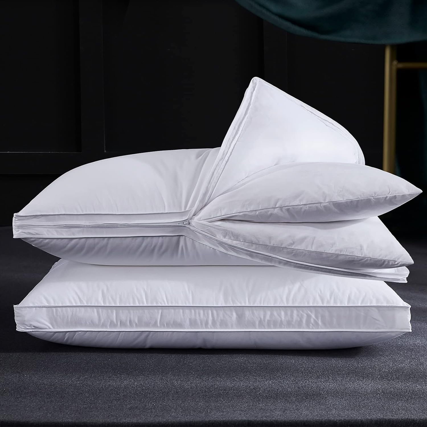 Three Geese Adjustable Layer Goose Feather Pillow,Assembled Bed Pillow(2 in 1),100% Soft Cotton Cover,Good for Side and Back Stomach Sleeper, Standard/Queen Size,Packaging Include 2 Pillows.