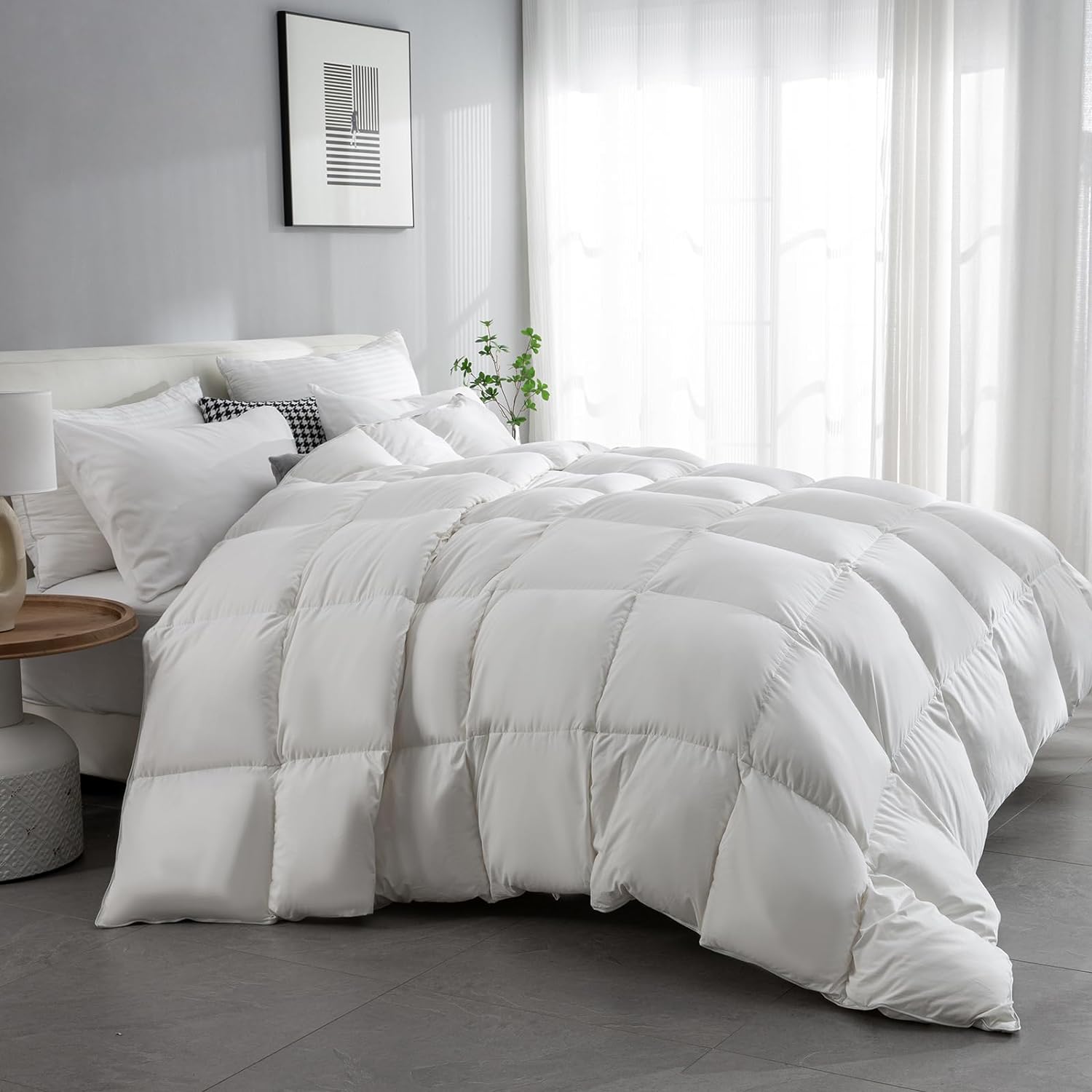 Luxury King Size Down Comforter, Fluffy Goose Feather Duvet Insert with Soft Egyptian Cotton-Poly Cover, 850 FP Hotel Collection Bedding with 8 Corner Tabs, White Bed Blanket(106X90)