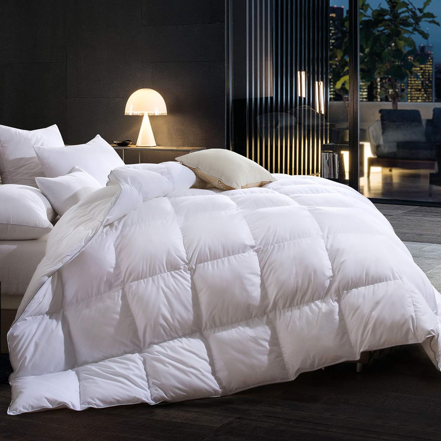 Three Geese Soild White Goose Feathers Down Comforter Queen Size Duvet Insert,750+ Fill Power,1200TC 100% Cotton Fabric,Premium Bedding Comforter for All Seasons with 8 Tabs.