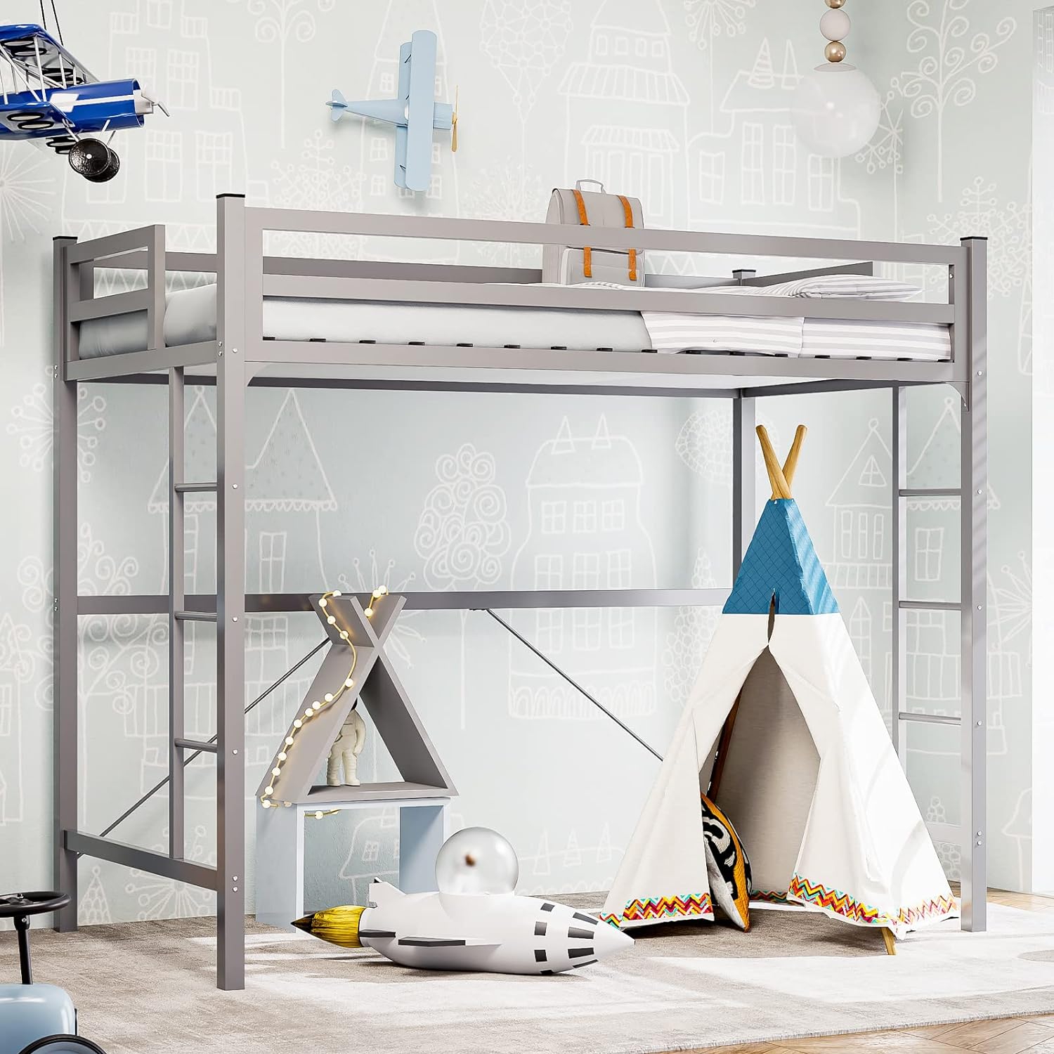 IKIFLY Metal Twin Size Loft Bed Frame - Heavy Duty Junior Loft Beds with 2 Ladders & Safety Guard Rail, Space-Saving, Noise Free, No Box Spring Needed - Silver Grey