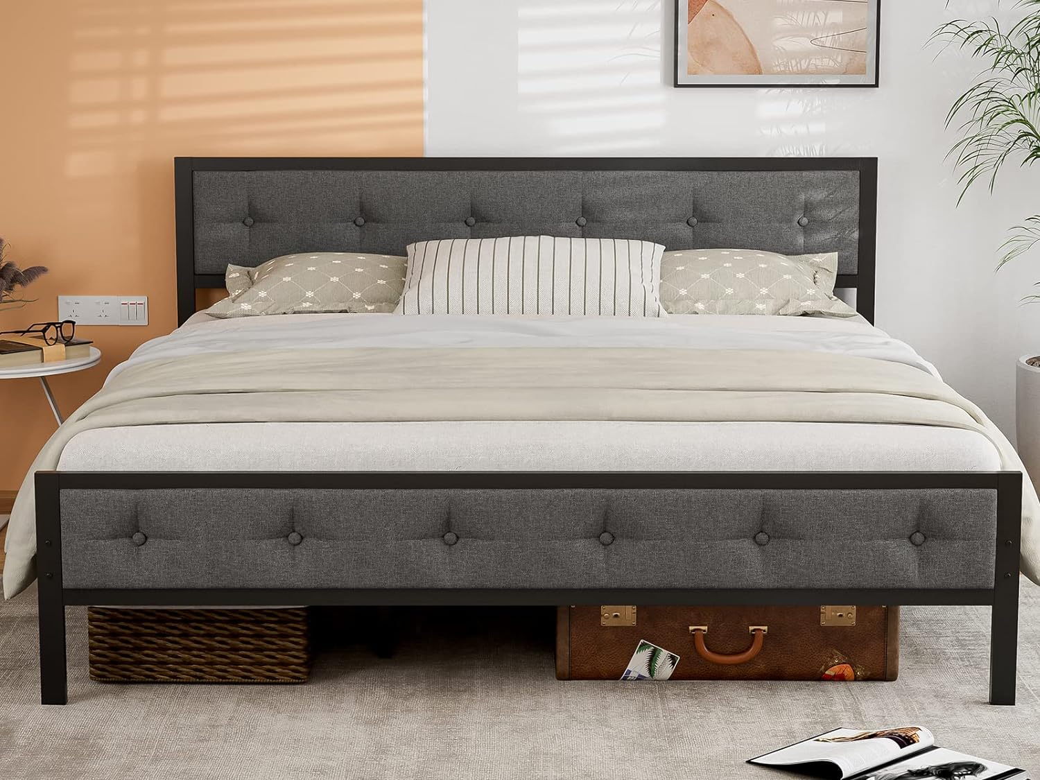 IKIFLY Metal King Size Bed Frame with Upholstered Linen Headboard Footboard, Mattress Foundation, Heavy Duty Metal Slats, Easy Assembly, No Box Spring Needed - Dark Grey, King