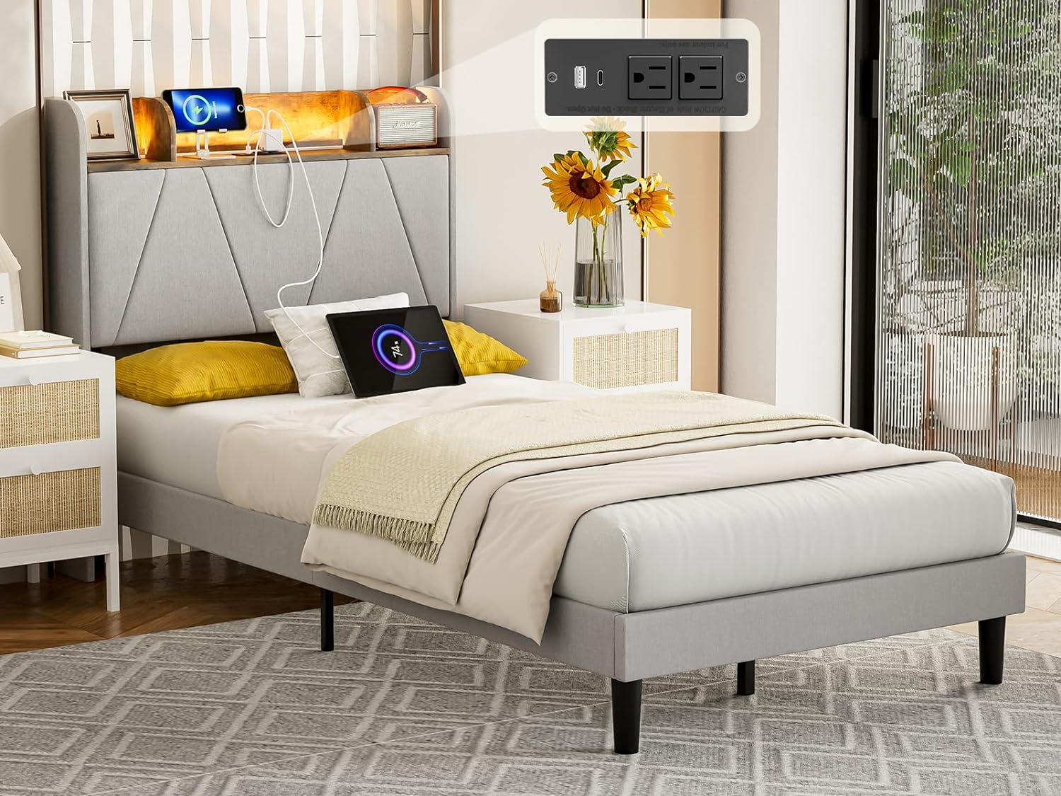 IKIFLY Twin XL Bed Frames with Storage Shelf Headboard & Charging Station, Upholstered Platform Bed with LED Lights, Solid Wood Slats, Noise-Free, No Box Spring Needed, Easy Assembly - Light Grey