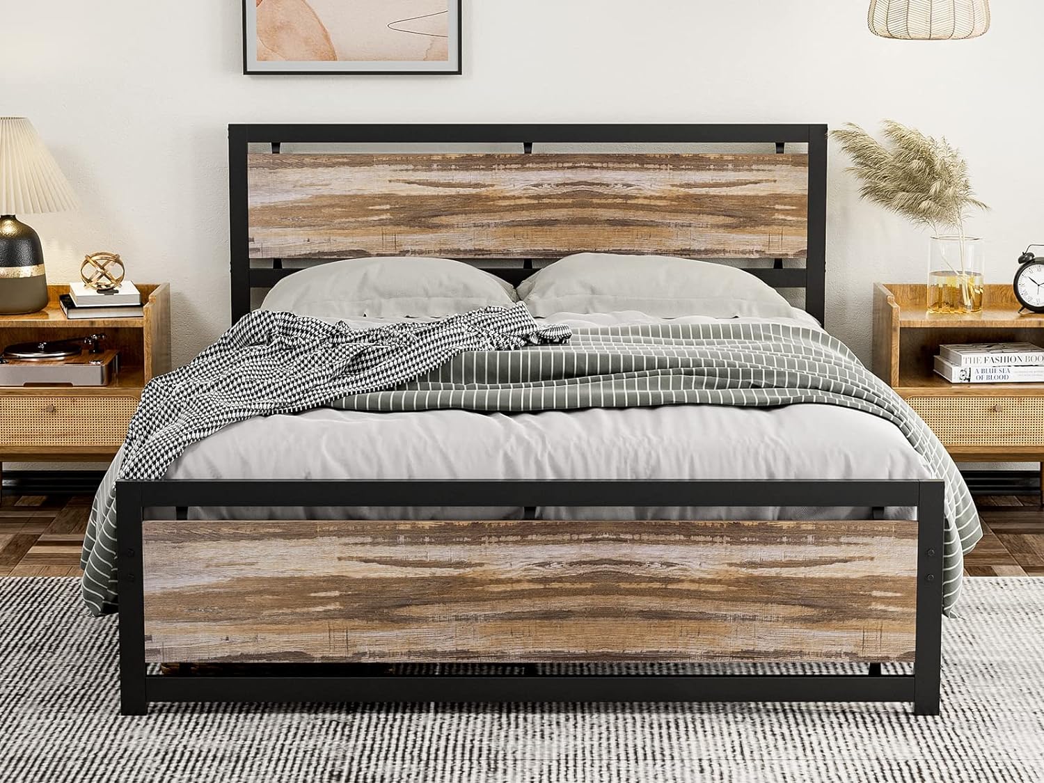 IKIFLY Metal Queen Size Bed Frame with Wooden Headboard Footboard - Industrial Metal and Wood Platform Bed - No Box Spring Needed - Strong Steel Slats Support - Queen, Light Brown