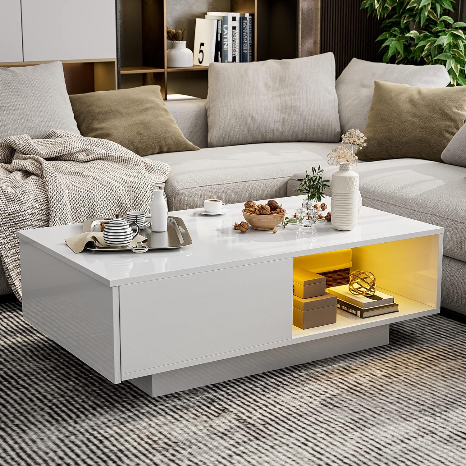 IKIFLY White Modern LED Coffee Table with A Drawer and 16 Colors LED Lights, Coffee Tables for Living Room