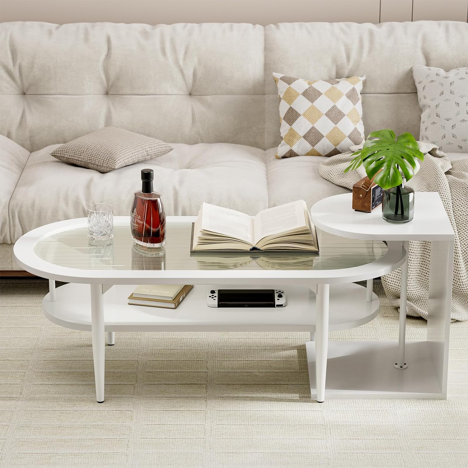 IKIFLY Glass Coffee Table Set, White Coffee Tea Table with Changhong Glass Table Top and Side Table for Living Room Dining Room