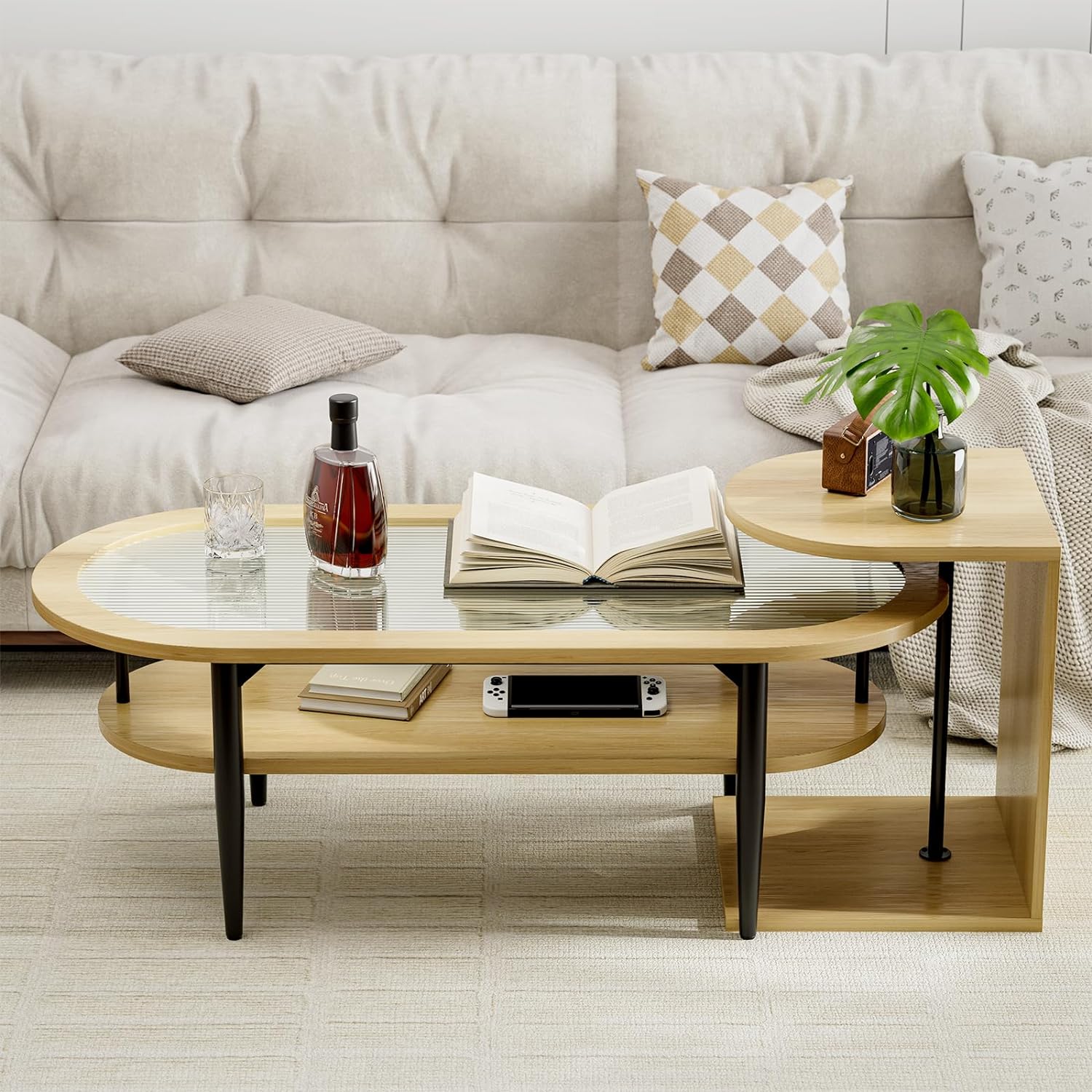 IKIFLY Glass Coffee Table Set, Natural Coffee Tea Table with Changhong Glass Table Top and Side Table for Living Room Dining Room