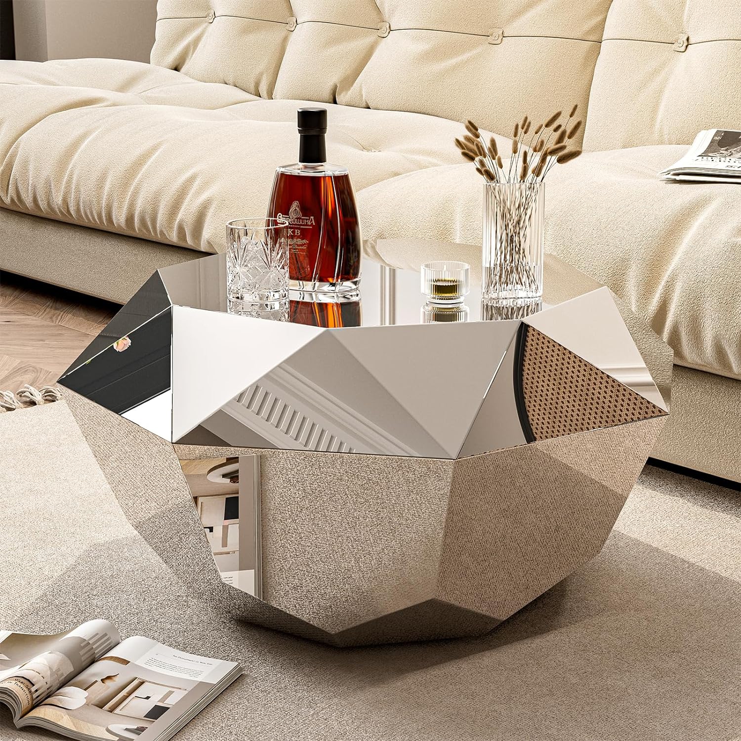 IKIFLY Modern Silver Stainless Coffee Table, Large Diamond Fashion Design Accent Table End Table for Living Room Bedroom