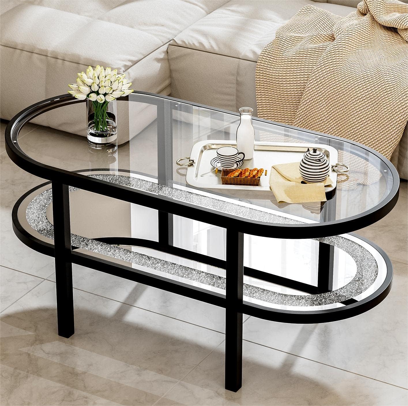 IKIFLY Glass Coffee Table with 2 Tier Glass & Mirror Crystal Boards, Mirrored Rectangle End Table Coffee Tea Table with Black Sturdy Metal Legs for Living Room Bedroom