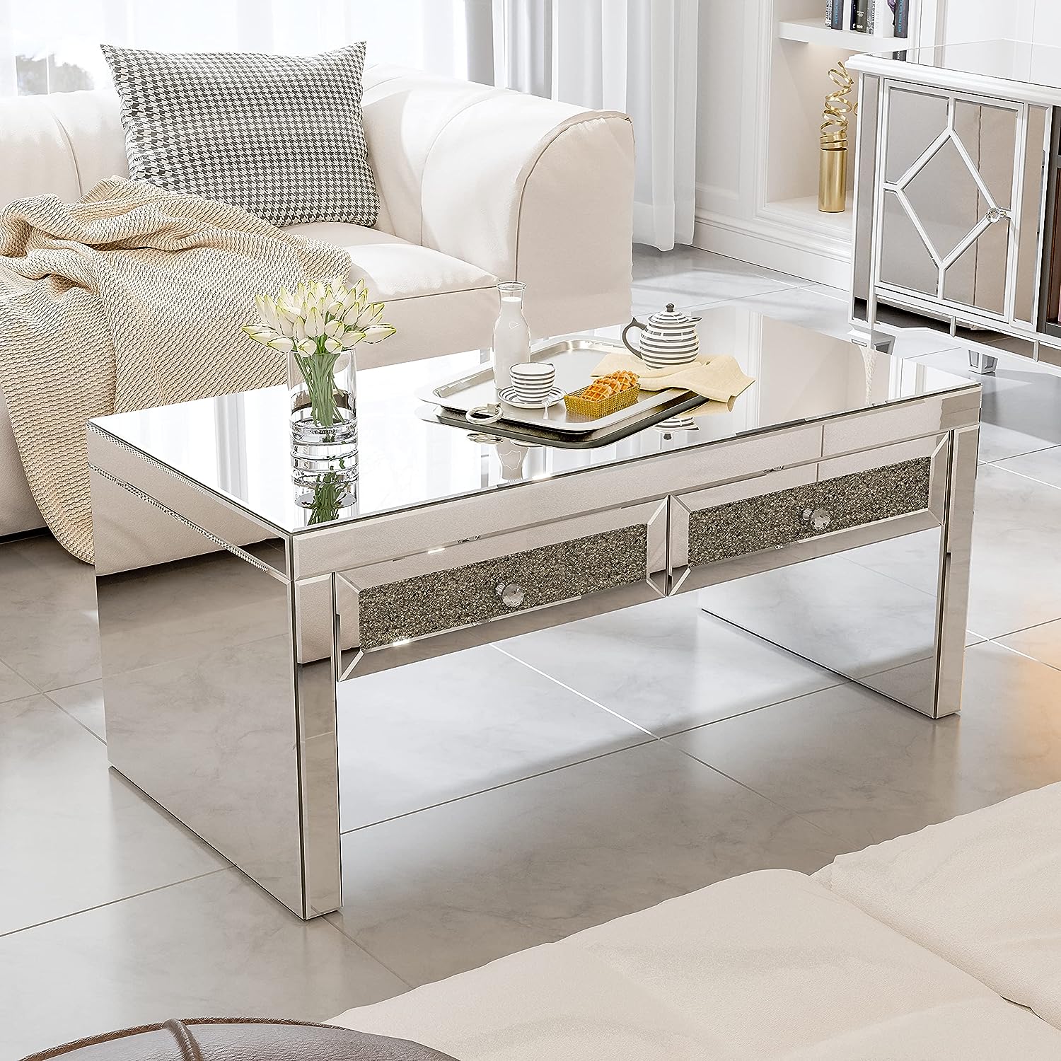 IKIFLY Mirrored Coffee Table with 2 Crystal Drawers, Glass Rectangle End Table Coffee Tea Table for Living Room Bedroom