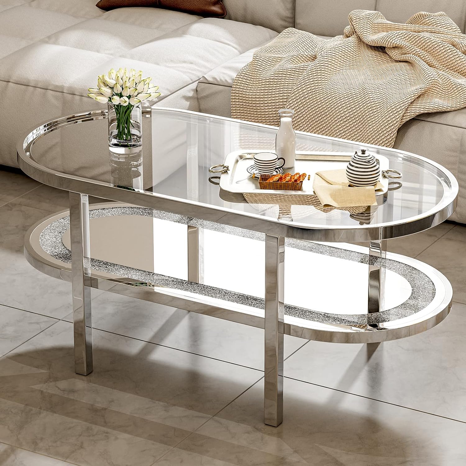 IKIFLY Glass Coffee Table with 2 Tier Glass & Mirror Crystal Boards, Mirrored Rectangle End Table Coffee Tea Table with Stainless Steel Legs for Living Room Bedroom