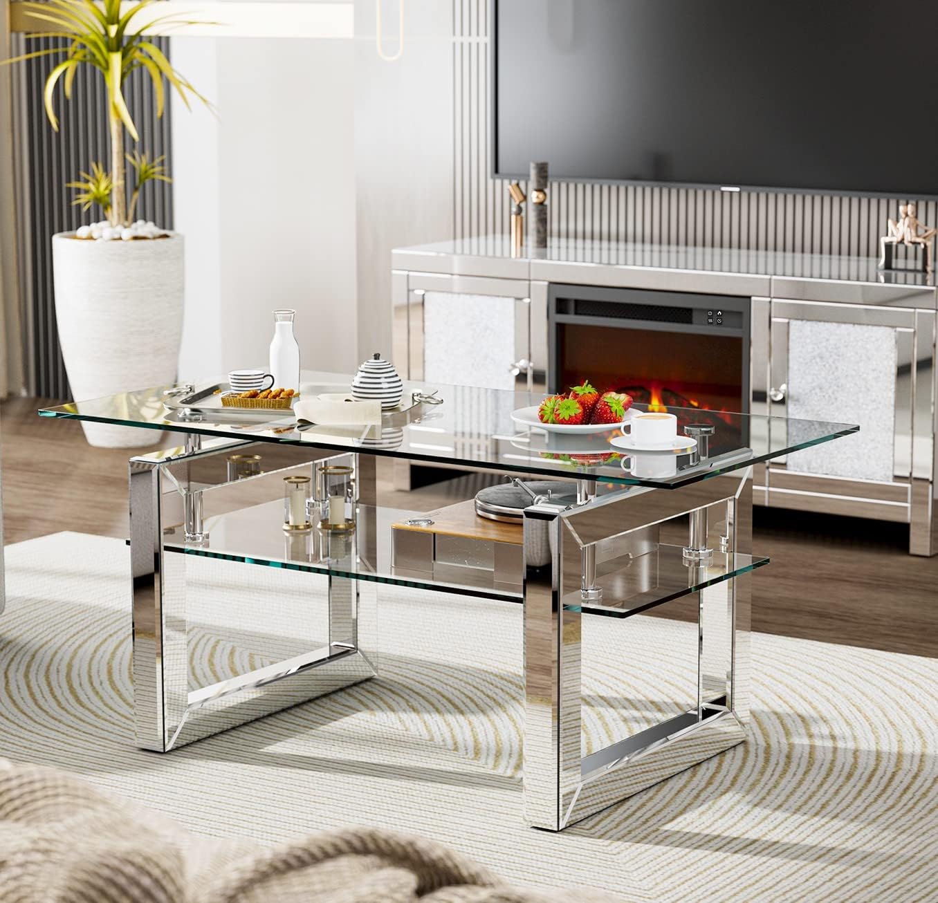 IKIFLY Glass Coffee Table with 2 Tier Glass Boards & Sturdy Metal Legs, Mirrored Clear Rectangle Glass End Table Coffee Tea Table for Home Office