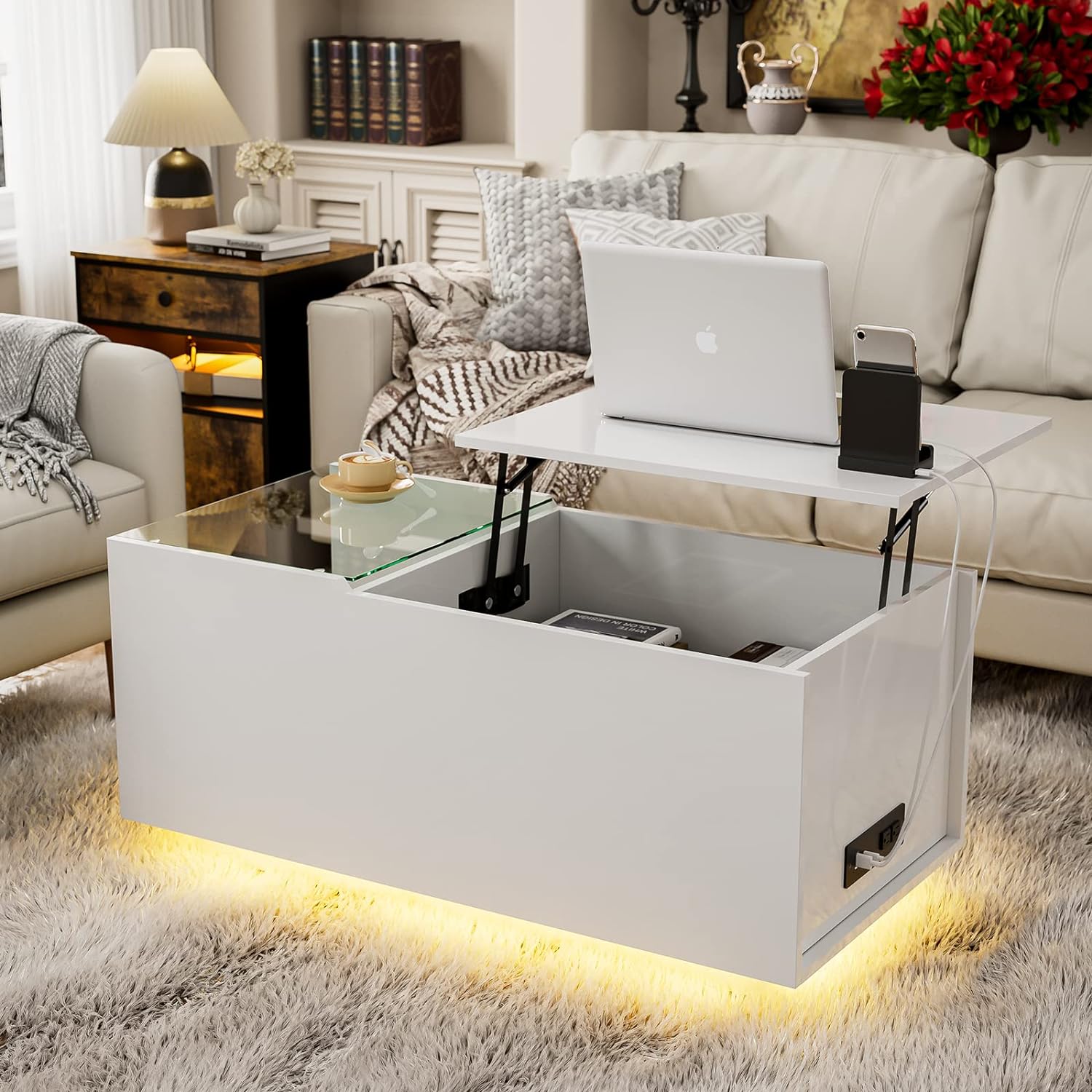 IKIFLY Lift Top Coffee Table with LED Lights & Charging Station, White Lifting Top Central Table with Glass Top Storage and Hidden Compartment for Living Room