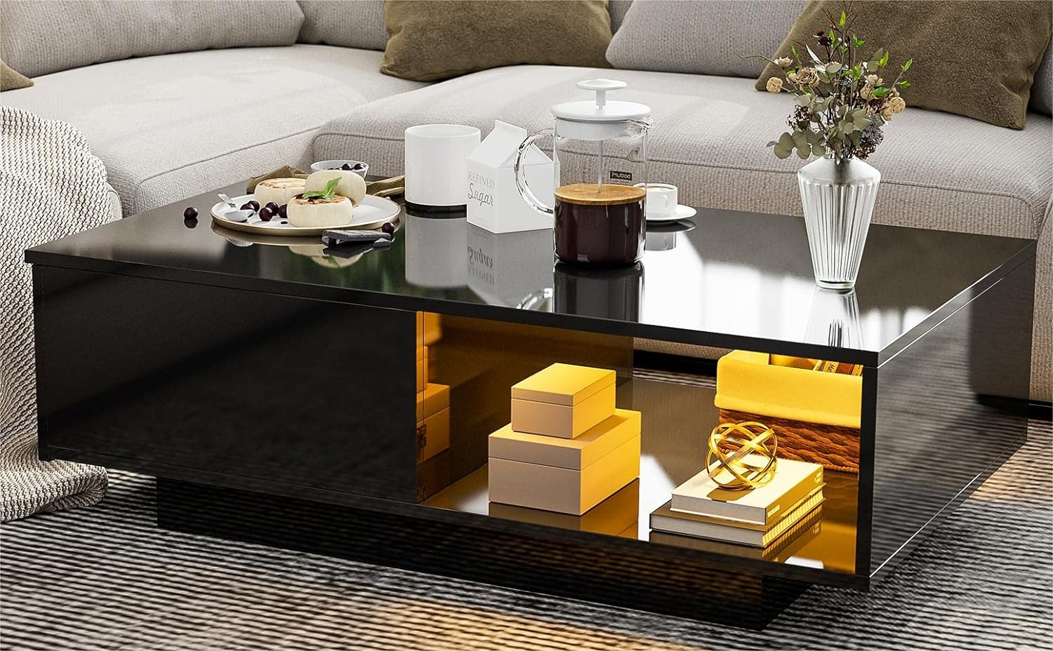 IKIFLY Modern High Glossy Coffee Table with 16 Colors LED Light, Rectangle Cocktail Coffee Table, LED End Table with Drawer for Home Living Room Office Furniture (Black)