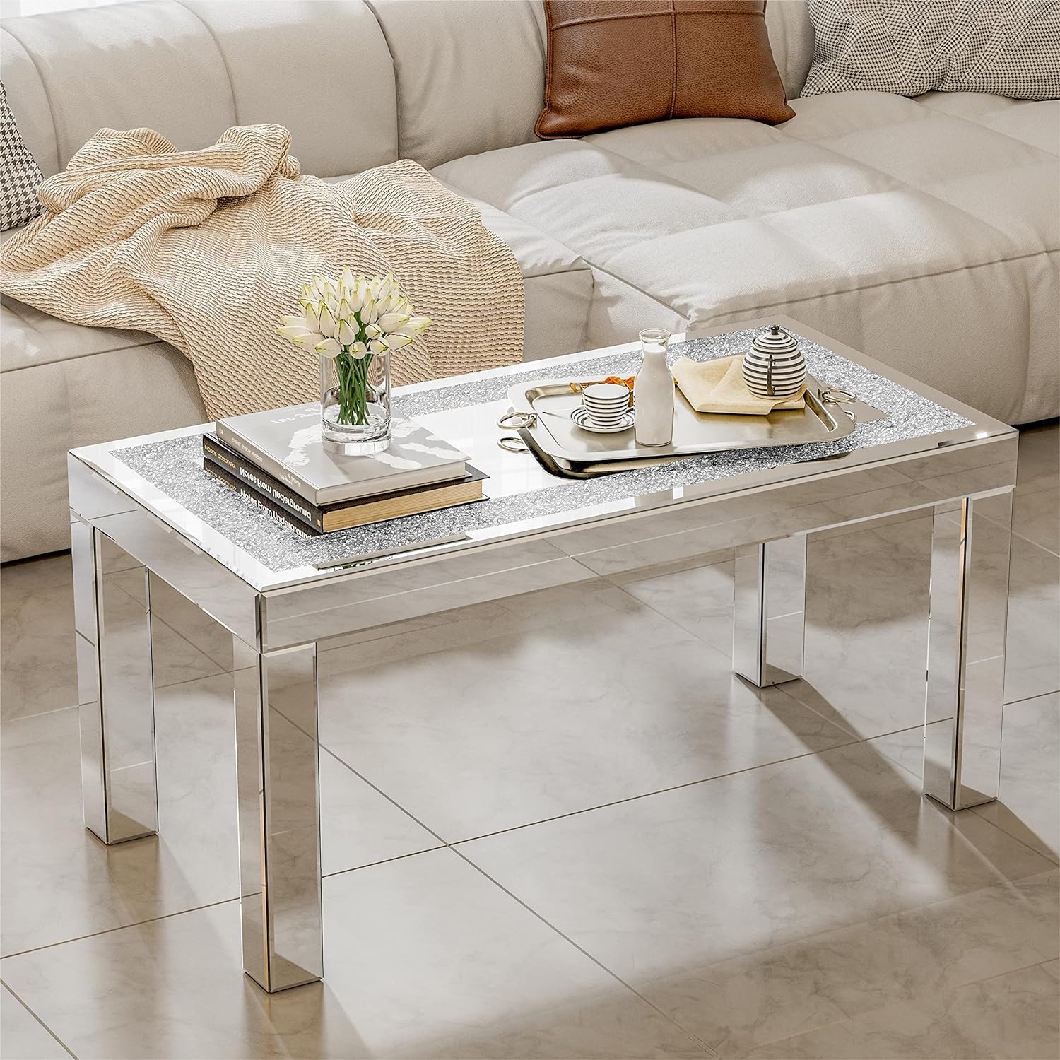 IKIFLY Mirrored Coffee Table with Mirror Crystal Board, Glass Rectangle End Table Coffee Tea Table for Living Room Bedroom