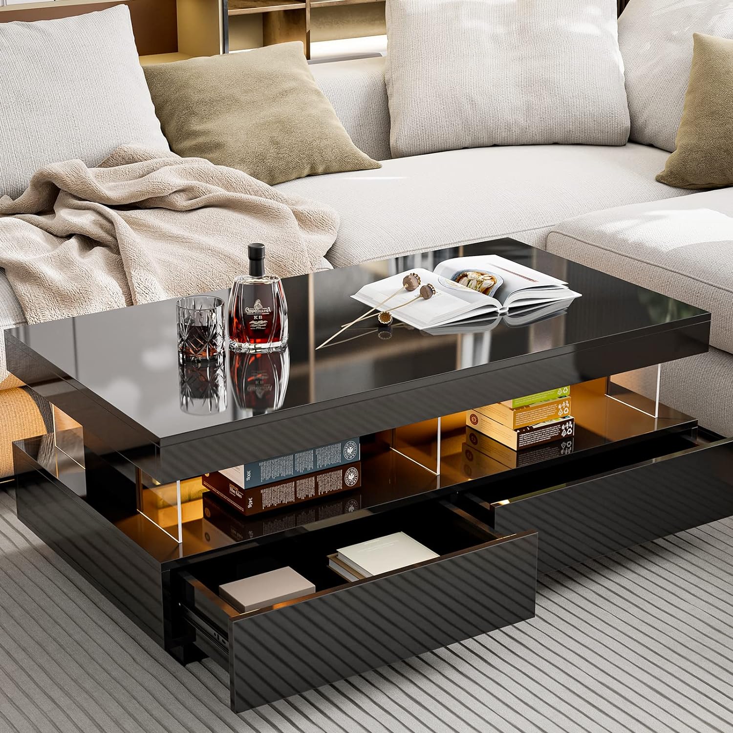 IKIFLY Modern LED Coffee Table, Black High Glossy Coffee Table with Acrylic Design Open Space and 2 Storage Drawers, Rectangle Coffee Table with 16 Colors LED Lights for Living Room Bedroom