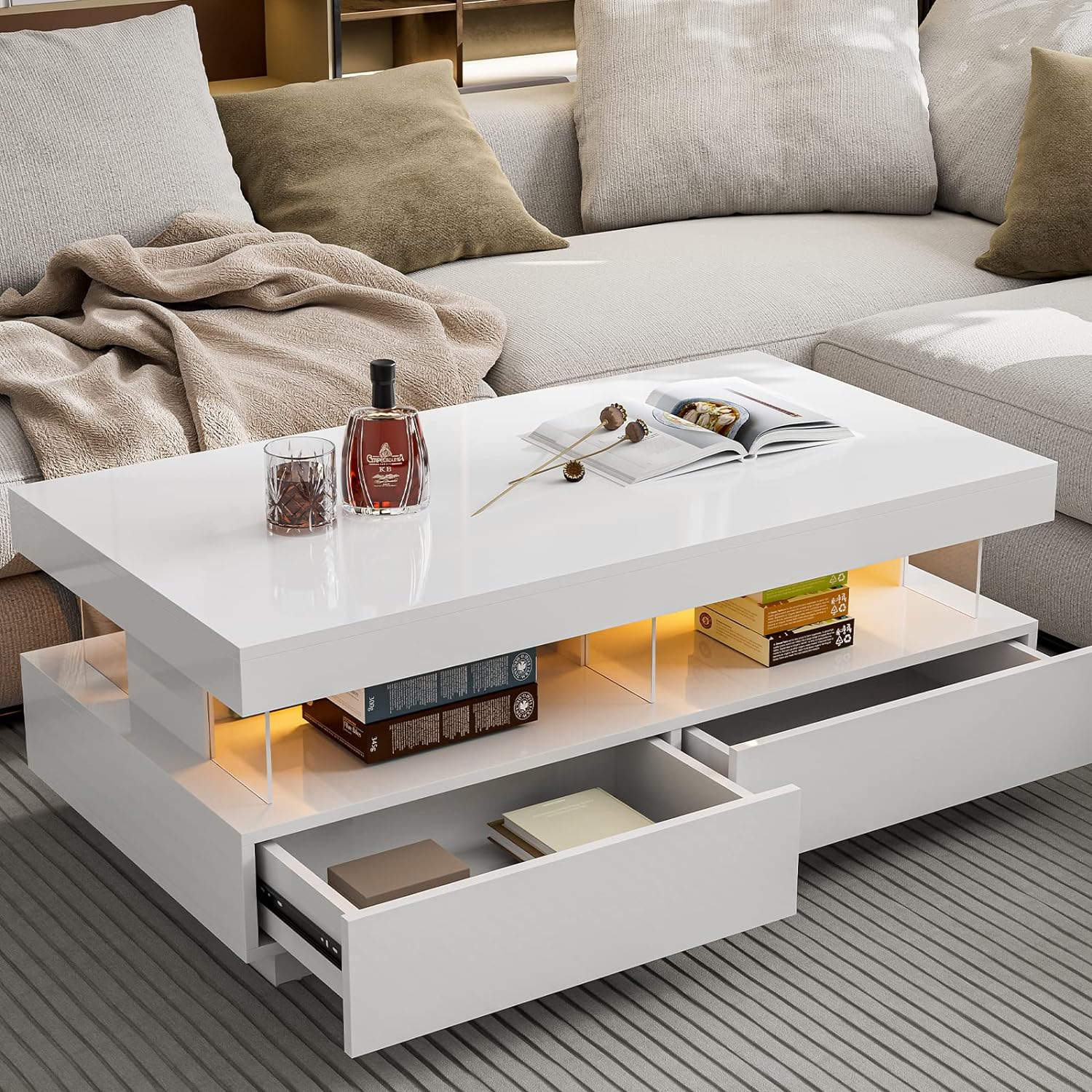 IKIFLY Modern LED Coffee Table, White High Glossy Coffee Table with Acrylic Design Open Space and 2 Storage Drawers, Rectangle Coffee Table with 16 Colors LED Lights for Living Room Bedroom