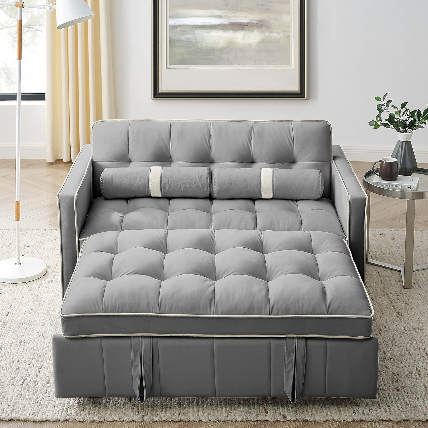 55.5 Velvet Convertible Loveseat Sleeper Sofa Bed, Modern Futon Pull Out Bed with Toss Pillows and 2 Pockets, Reclining Backrest, Love Seat Lounge Sof & Couch for Living Room Small Space