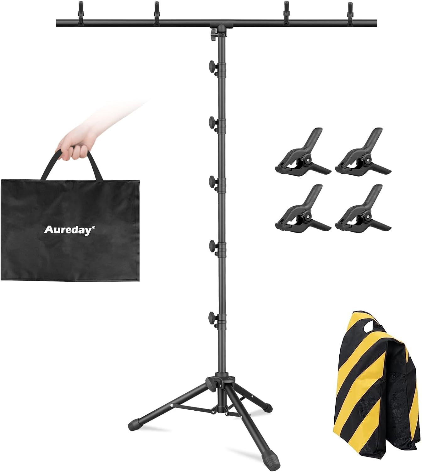 Aureday 8x5FT T-Shape Backdrop Stand, Adjustable Backdrop Stand Kit with Horizontal Pole, 4 Spring Clamps, Sandbag, and Black Carrying Bag for Parties/Wedding/Photography/Decoration