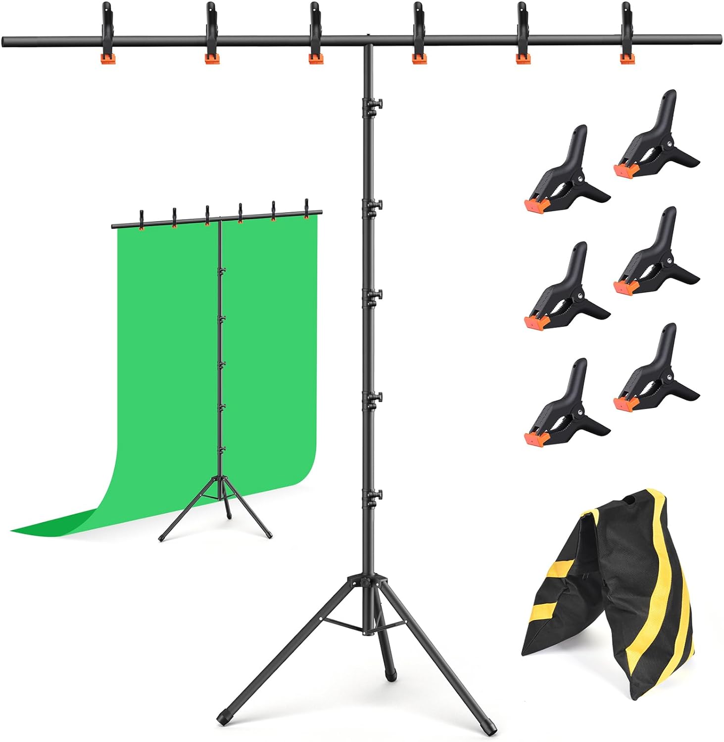 T-Shape Backdrop Stand 8x5FT, Adjustable Background Stand Kit Sturdy Photo Green Screen Holder with 6 Spring Clamps & Carry Bag for Party, Photography, Video