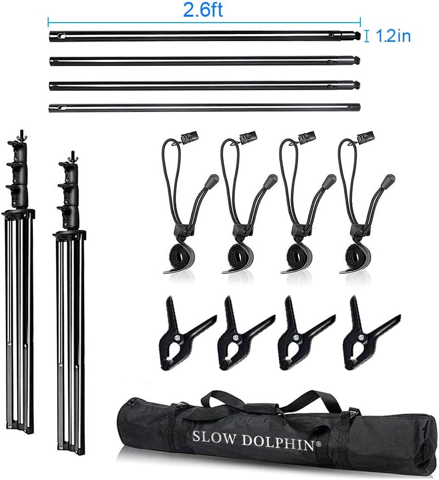 SLOW DOLPHIN 10 x 10Ft Photo Video Studio Heavy Duty Adjustable Muslin Backdrop Stand Background Support System Kit for Photography with Carrying Bag 8 Pcs Clip Clamps