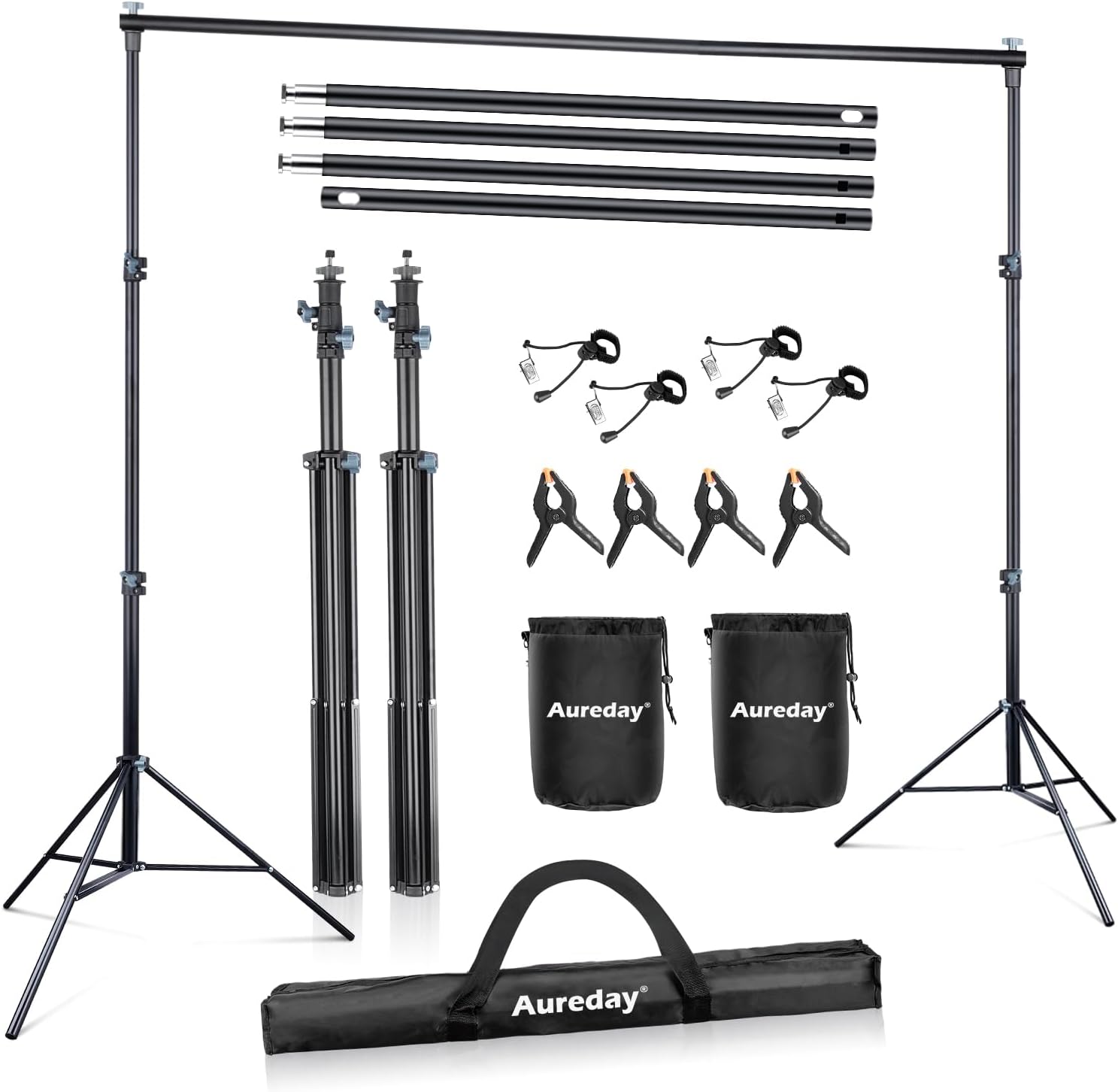 Aureday Backdrop Stand, 10x10Ft Adjustable Photo Backdrop Stand Kit with 4 Crossbars, 6 Spring Clamps, 6 Background Clamps, 2 Weight Bags and Carrying Bag for Parties/Wedding/Photography/Decoration