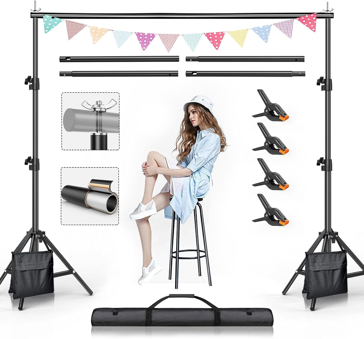 BEIYANG Backdrop Stand, 7.5 FT x 10 FT Adjustable Photography Background Support System Kit with Carrying Bag for Photo Video Studio