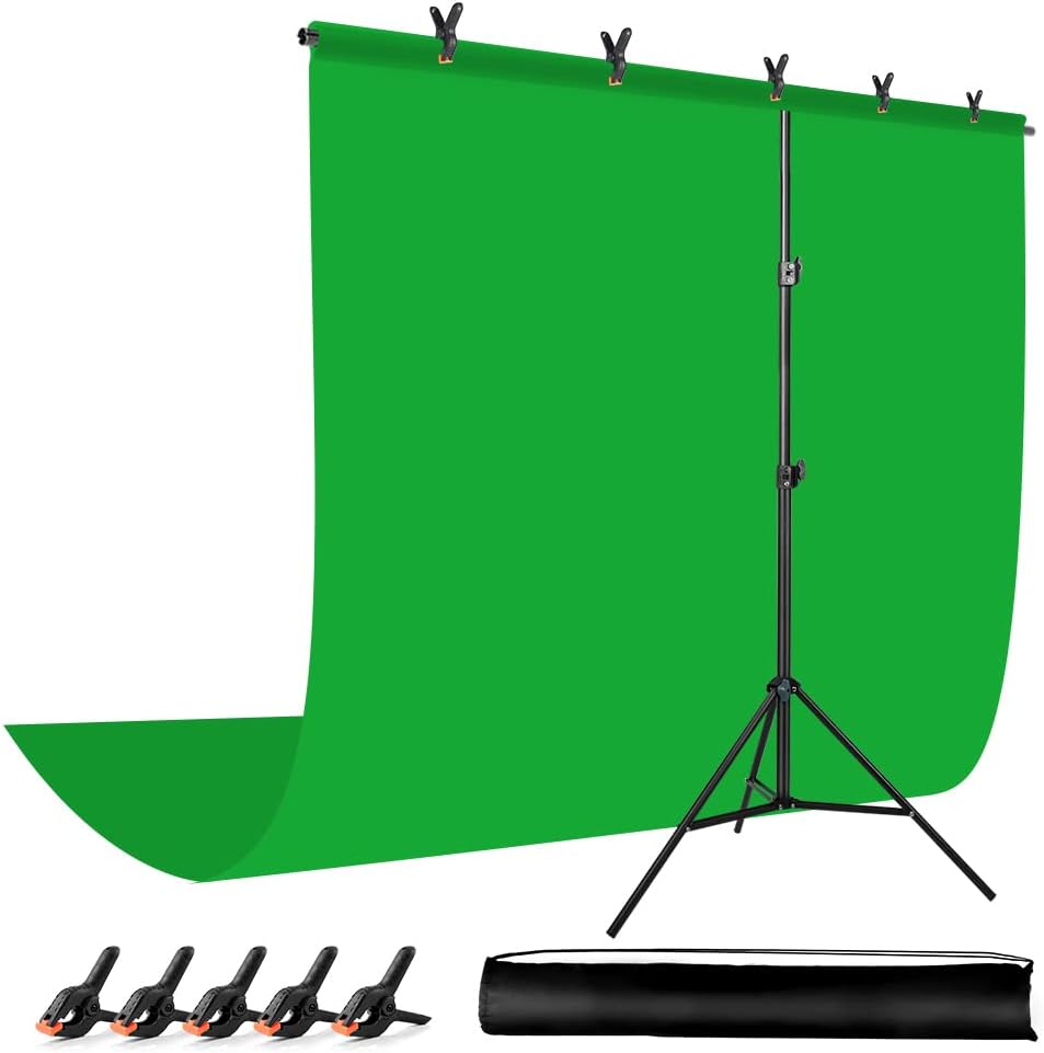 6.5 X 9.8 Ft Green Screen with 6.5 X 6.5 Ft T-Shape Background Support Stand, Green Screen Backdrop with Stand Kit, Portable Green Screen Stand Kit with Carrying Bag & 5 Spring Clamps for Zoom