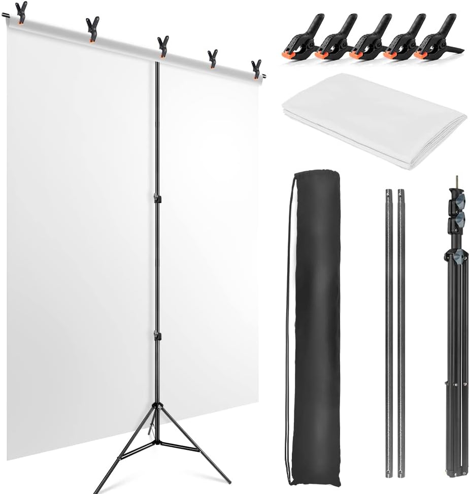 5X6.5ft White Screen Backdrop with Stand Kit, White Screen with T-Shape Background Support Stand, Portable White Screen Stand Kit with Carrying Bag & 5 Spring Clamps for Video, Streaming