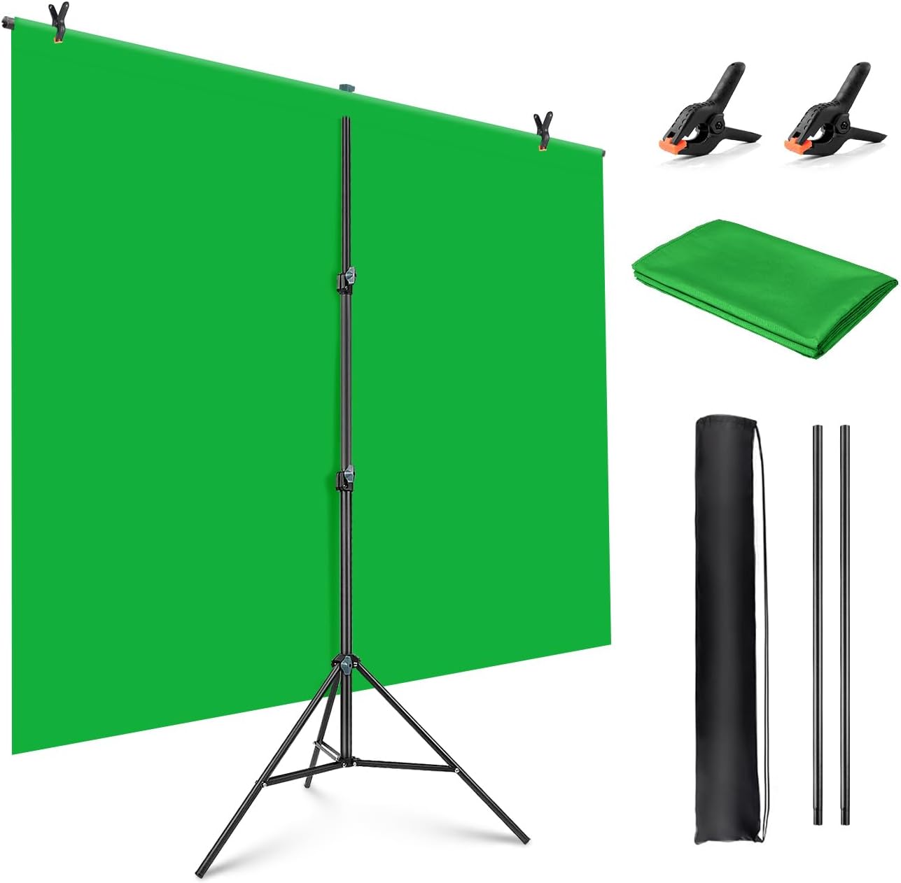 6.5 X 5 Ft Green Screen with 6.5 X 6.5 Ft T-Shape Background Support Stand, Green Screen Backdrop with Stand Kit, Portable Green Screen Stand Kit with Carrying Bag & 2 Spring Clamps for Zoom