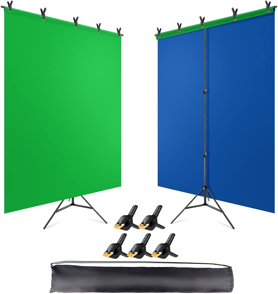 Green Blue Backdrop with Stand Kit 5 x 6.5 Ft, Double-sided Reversible Green Blue Screen with Portable T-Shaped Photograph Background Stand,5 Backdrop Clips for Video,TikTok,YouTube,Zoom,Gaming