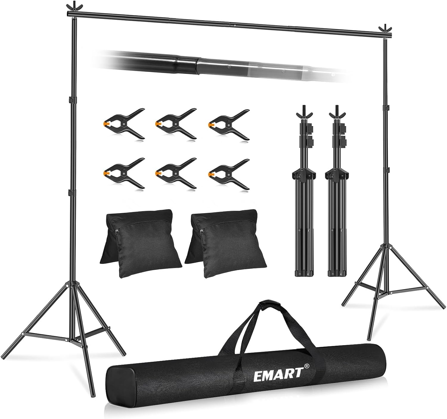 Emart Backdrop Stand 10x7.8ft(WxH) Photo Studio Adjustable Background Stand Support Kit with 2 Crossbars, 6 Backdrop Clamps, 2 Sandbags and Carrying Bag for Parties Wedding Events Decoration