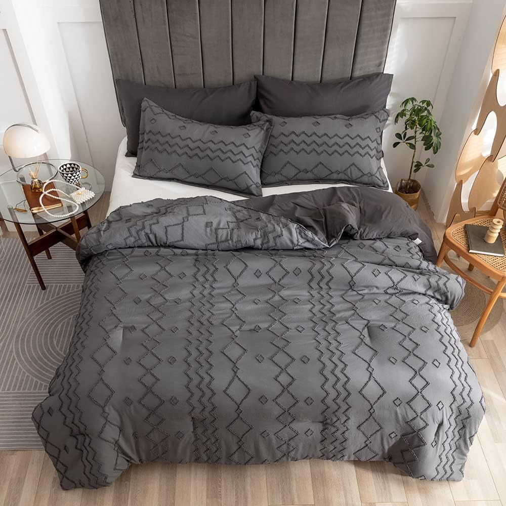 Tufted Comforter Sets 3 Pieces Embroidery Comforter Sets Boho Shabby Chic Bedding Sets Soft and Bohemian Geometric Comforter Sets for All Seasons Twin Size,Grey