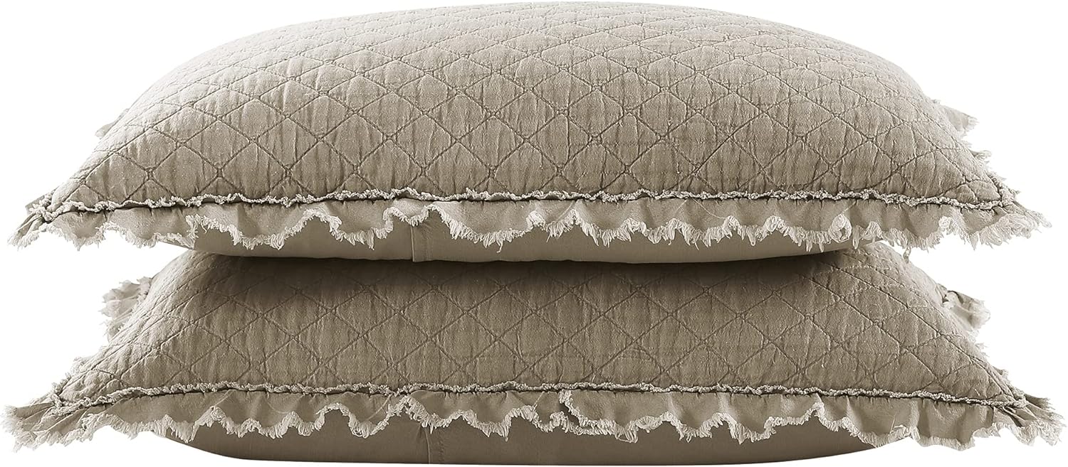 Brielle Home Ravi Stone Washed Solid Diamond Stitched Quilted Sham Set, Standard, Linen