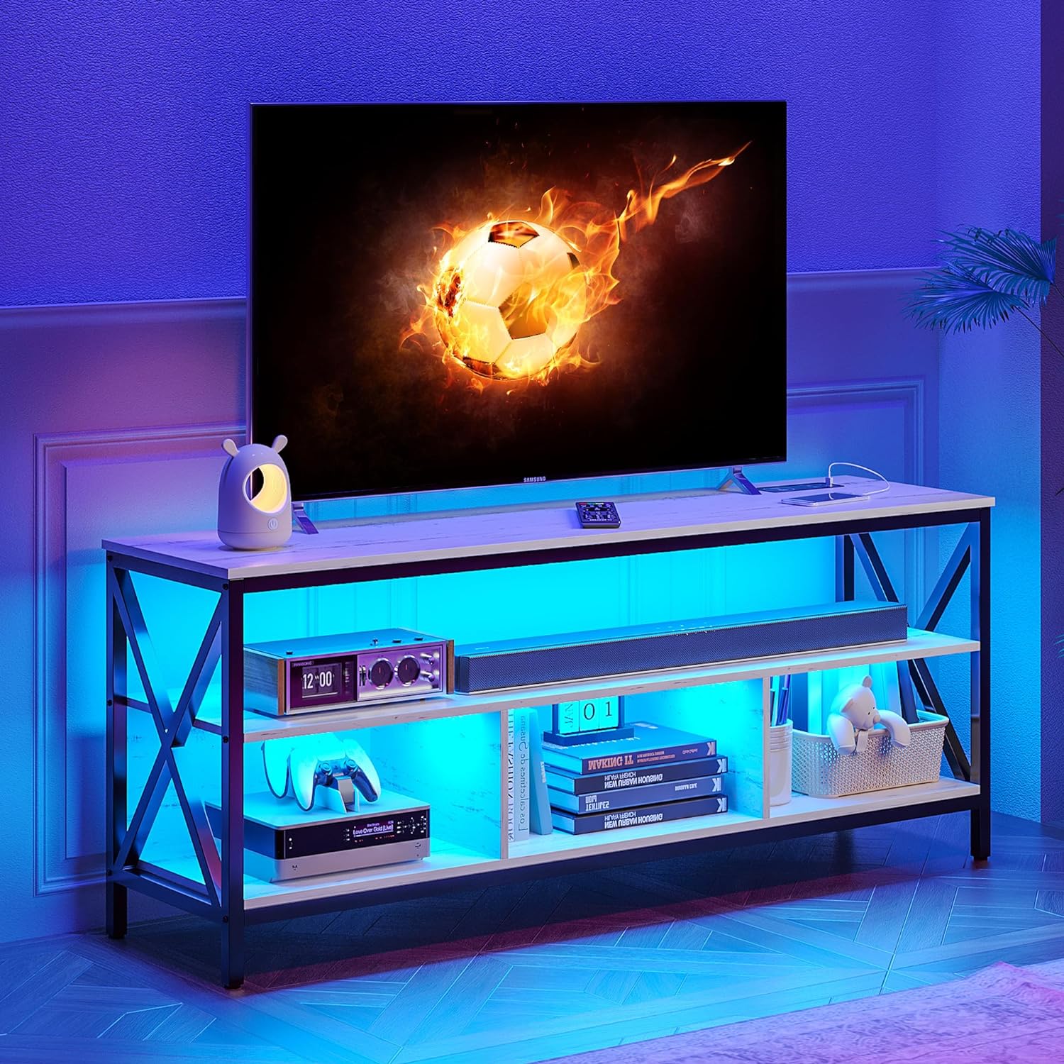 59 TV Stands for Living Room, Entertainment Center with 3 Color Lights/Body Sensing, LED TV Stand for 55 Inch TV, Industrial TV Console Table has USB/Type-C/Wireless Charging Station(White)