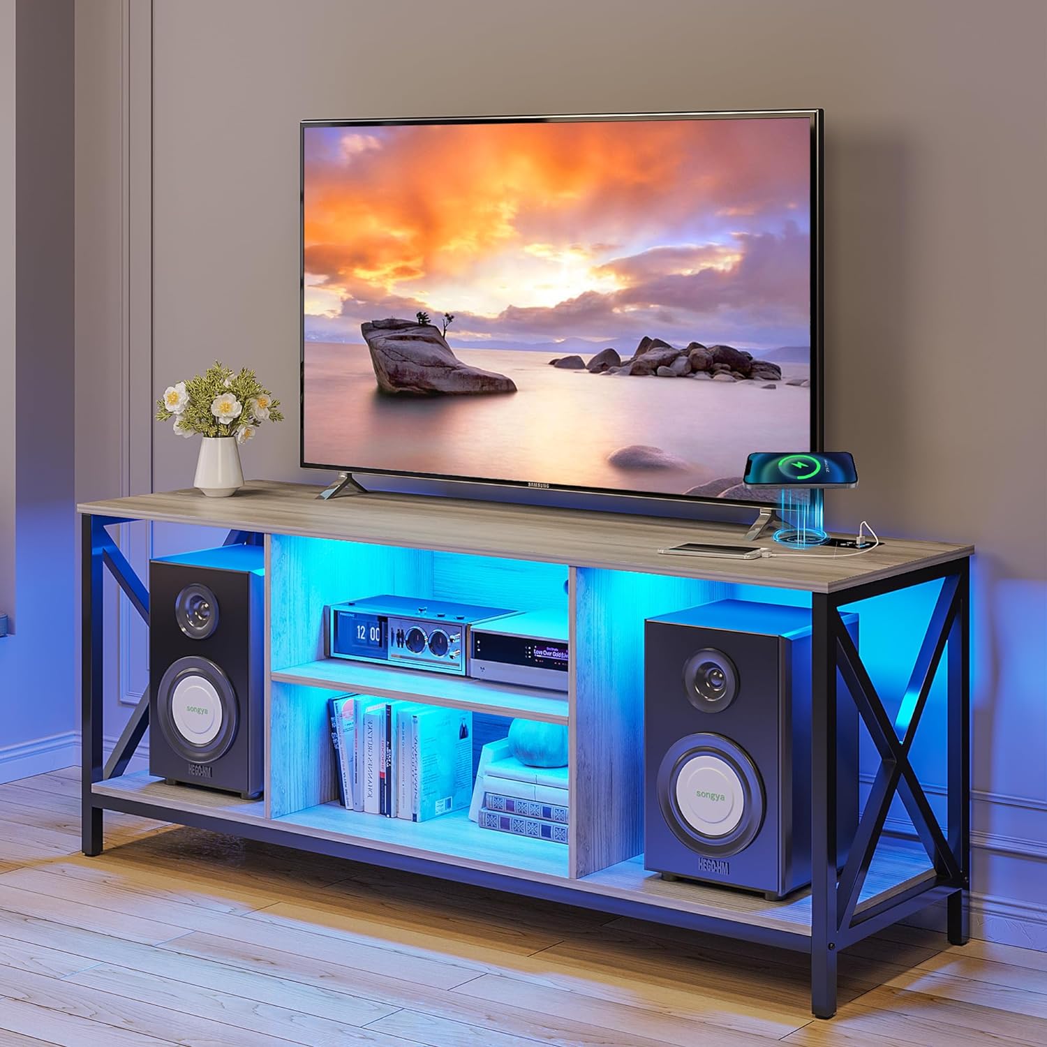 LED TV Stand with Wireless/USB/Type-C Charging Station, Entertainment Center with Auto LED Lights, Television Stands for 65  Inch TV, TV Cabinet with Adjustable Legs for Living Room(Grey)